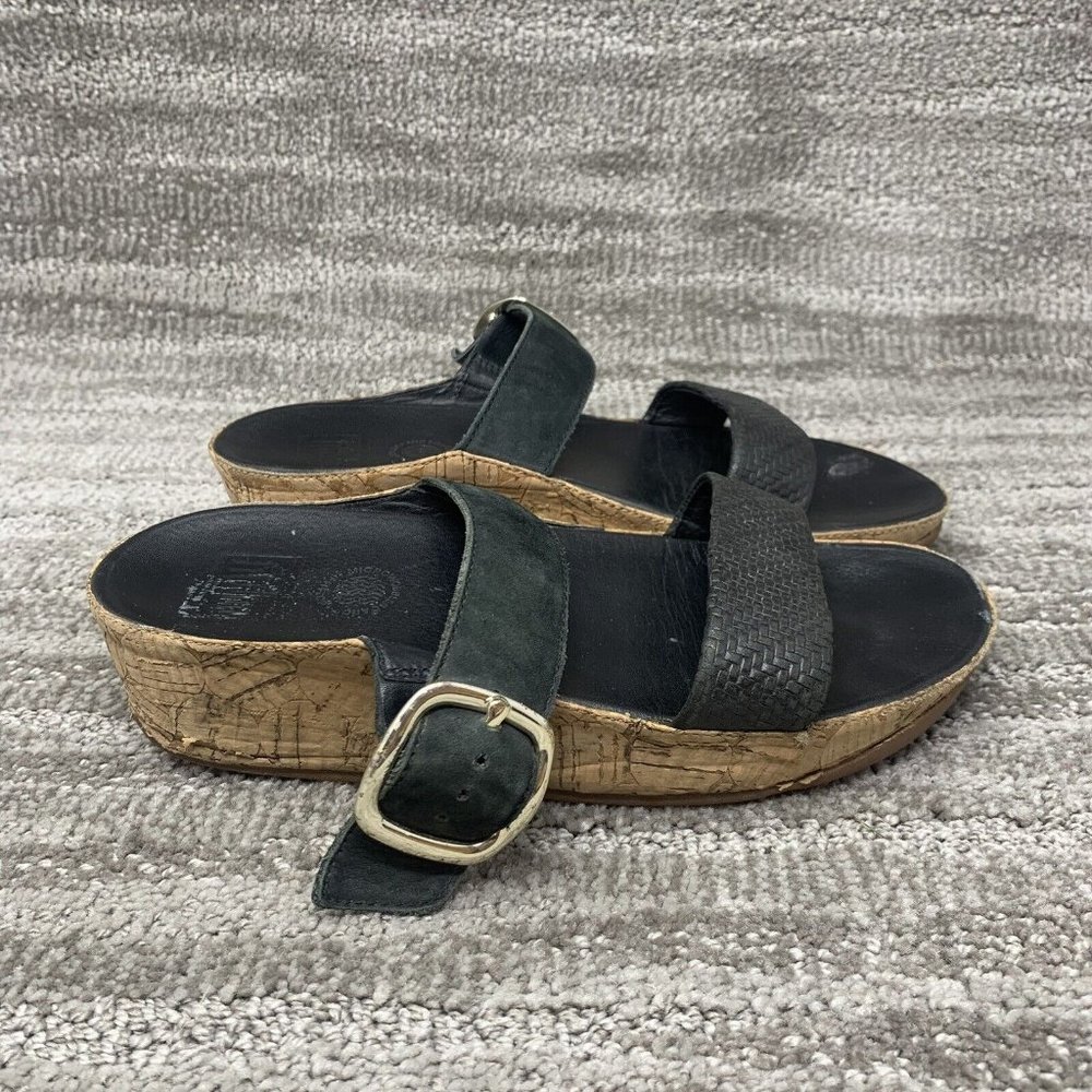 FitFlop Womens slide sandal leather black buckle straps  Cork Size 6